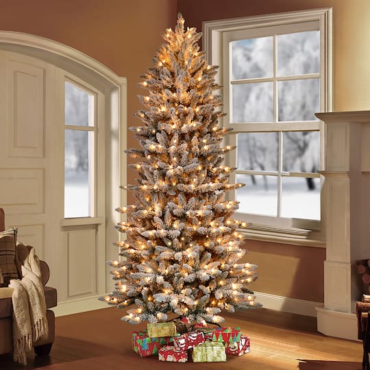 9ft. Pre-Lit Slim Flocked Fraser Fir Artificial Christmas Tree, Clear Lights